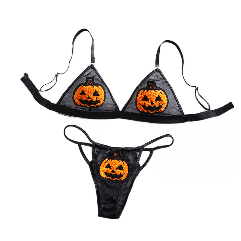 Lace Bralette Set - Sexy BH-Slip-Set mit Halloween-Motiv, bügellose Lingerie,